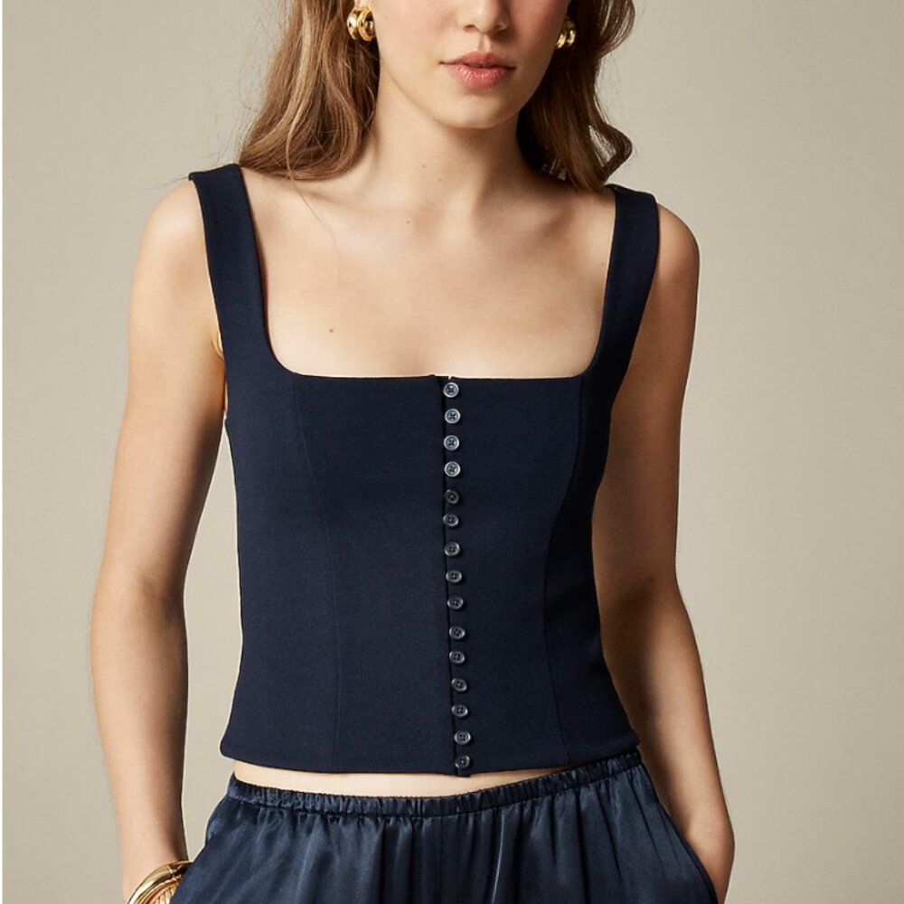 NWT J.Crew Black Stretch Ponte Corset Tank Top XL Button Front Square Neck